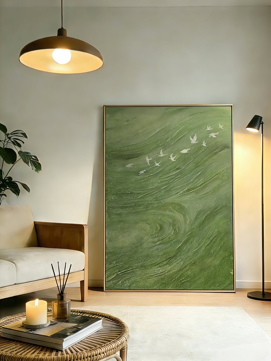 Hand-painted contemporary abstract oil painting by artist Luna Xiao, featuring high-texture impasto sage green waves and a flock of white birds in flight, in a metallic gold frame. Available sizes: 20x24 to 60x80 inches.