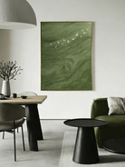 Hand-painted contemporary abstract oil painting by artist Luna Xiao, featuring high-texture impasto sage green waves and a flock of white birds in flight, in a metallic gold frame. Available sizes: 20x24 to 60x80 inches.