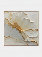 Large square 3D textured white floral oil painting with gold leaf edges, hand-sculpted flower wall art by Luna Xiao for bedroom.