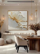 Large square 3D textured white floral oil painting with gold leaf edges, hand-sculpted flower wall art by Luna Xiao for bedroom.