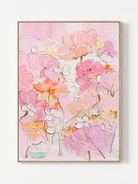 Handmade pink 3D floral wall art with blush, peach and white impasto blooms