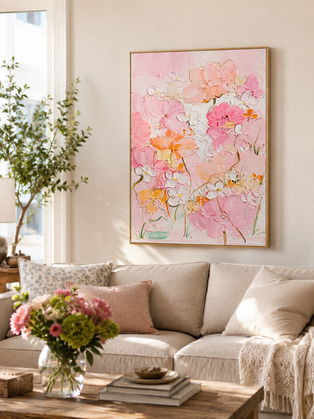 Pink textured flower painting above a cream living room sofa