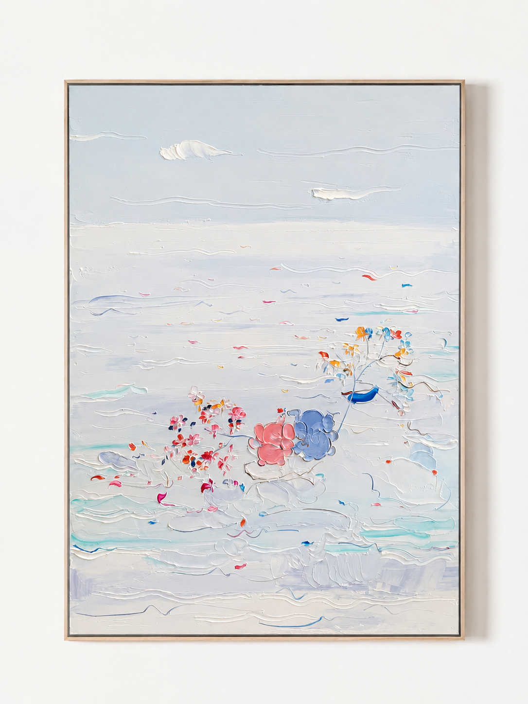 Handmade blue and white coastal wall art with raised pink floral texture
