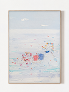 Handmade blue and white coastal wall art with raised pink floral texture