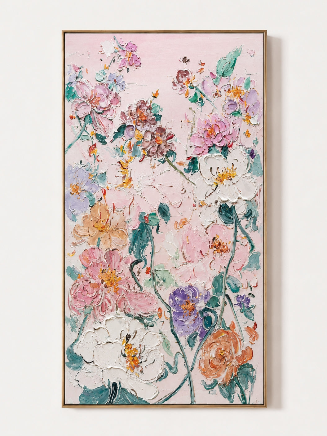 Hand painted 3D textured pink floral wall art with pastel wildflowers and teal green leaves by Luna Xiao