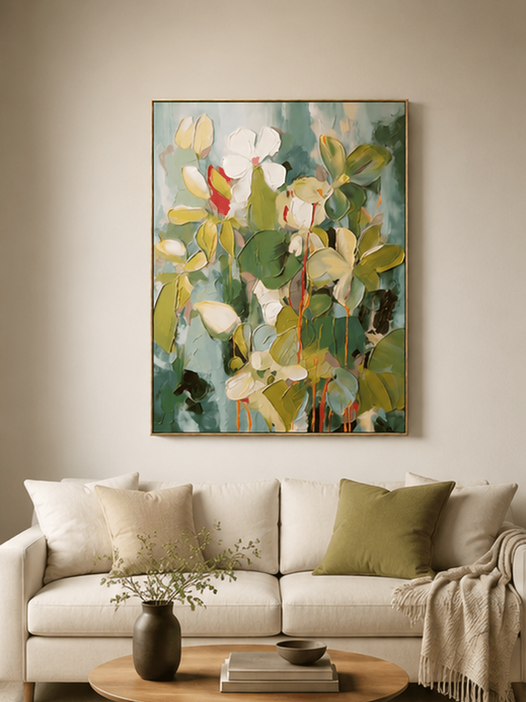 Large green botanical wall art displayed beside a beige sofa in a contemporary organic modern living room