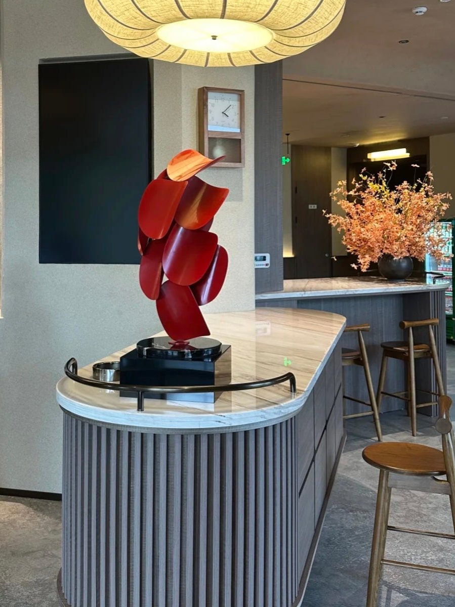 abstract red petal metal sculpture, 68cm tall vibrant crimson figurine for modern home floor or console decor