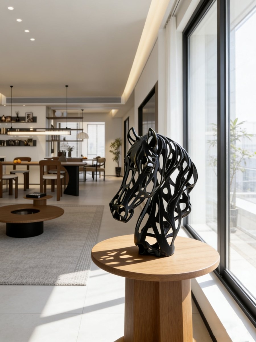 abstract horse head sculpture, matte black openwork metal figurine for modern home office decor