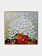 Hand-painted impasto oil painting featuring white flowers in a red vase with heavy palette knife texture on a gray background.