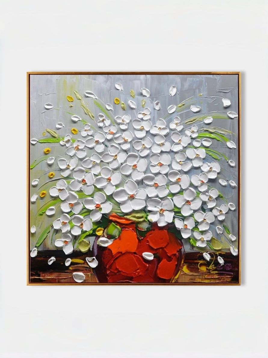 Hand-painted impasto oil painting featuring white flowers in a red vase with heavy palette knife texture on a gray background.