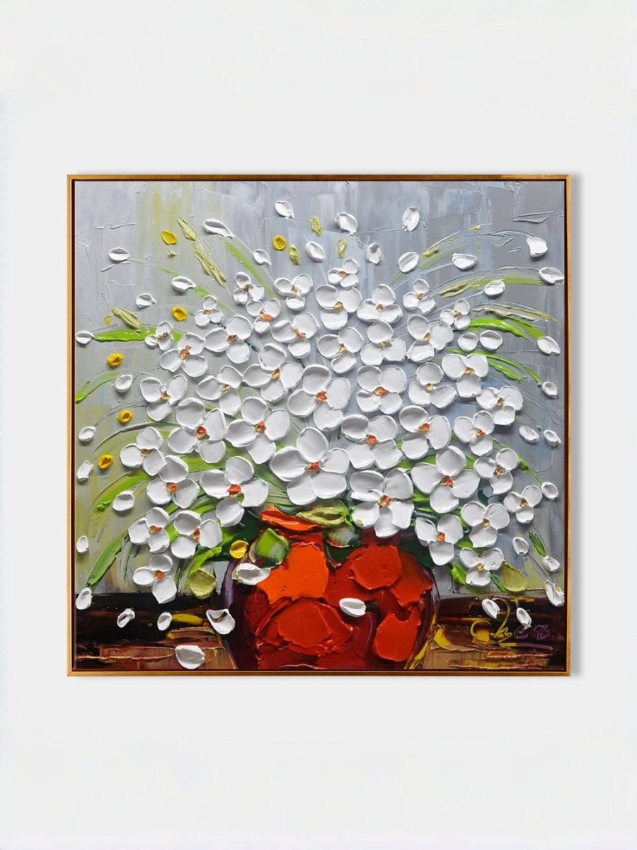 Hand-painted impasto oil painting featuring white flowers in a red vase with heavy palette knife texture on a gray background.