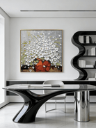 Hand-painted impasto oil painting featuring white flowers in a red vase with heavy palette knife texture on a gray background