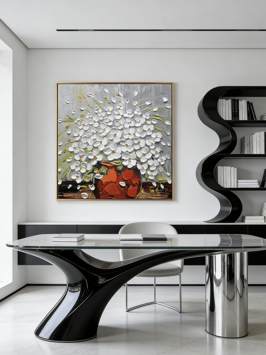 Hand-painted impasto oil painting featuring white flowers in a red vase with heavy palette knife texture on a gray background