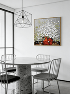 Hand-painted impasto oil painting featuring white flowers in a red vase with heavy palette knife texture on a gray background