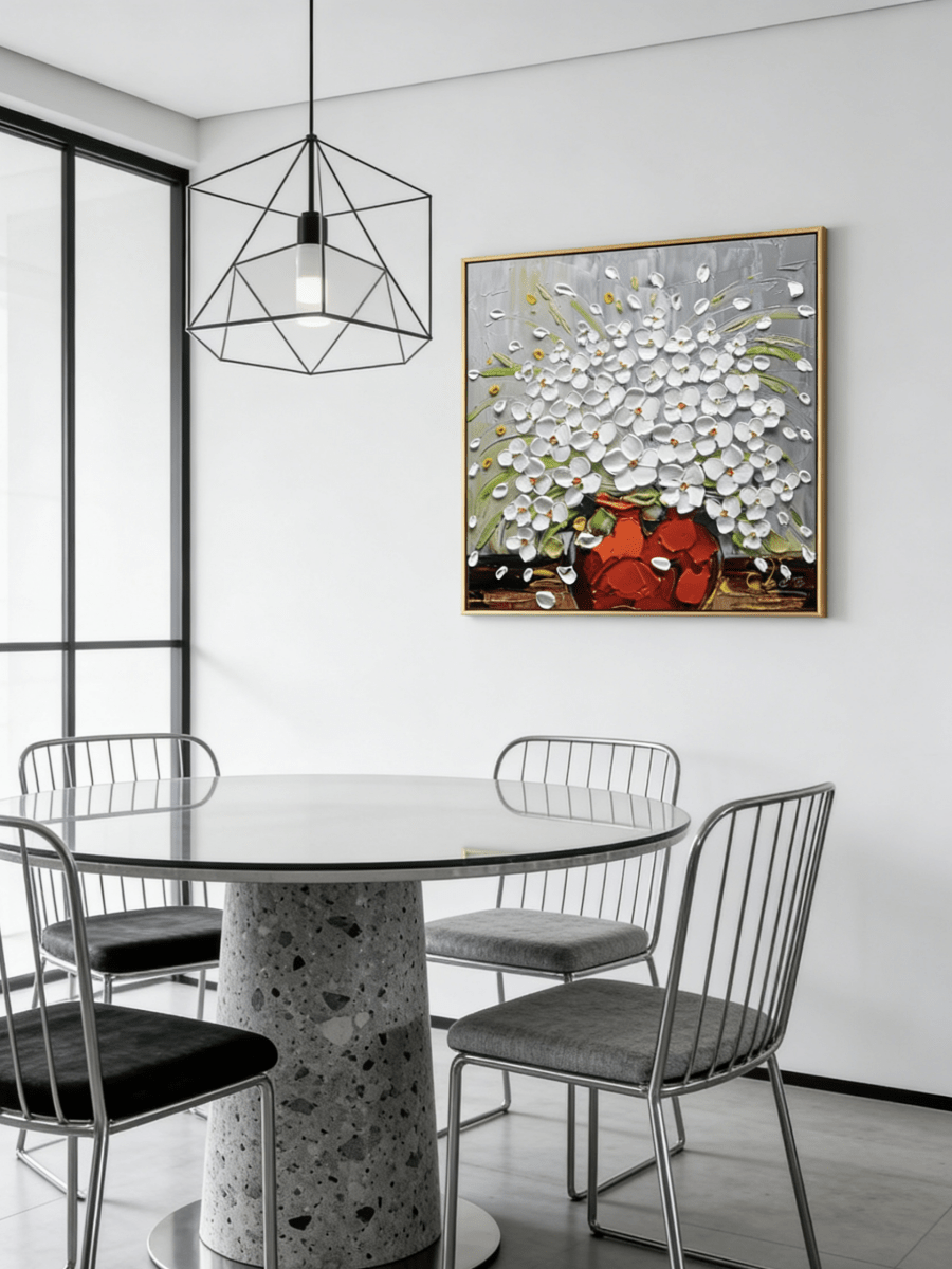 Hand-painted impasto oil painting featuring white flowers in a red vase with heavy palette knife texture on a gray background