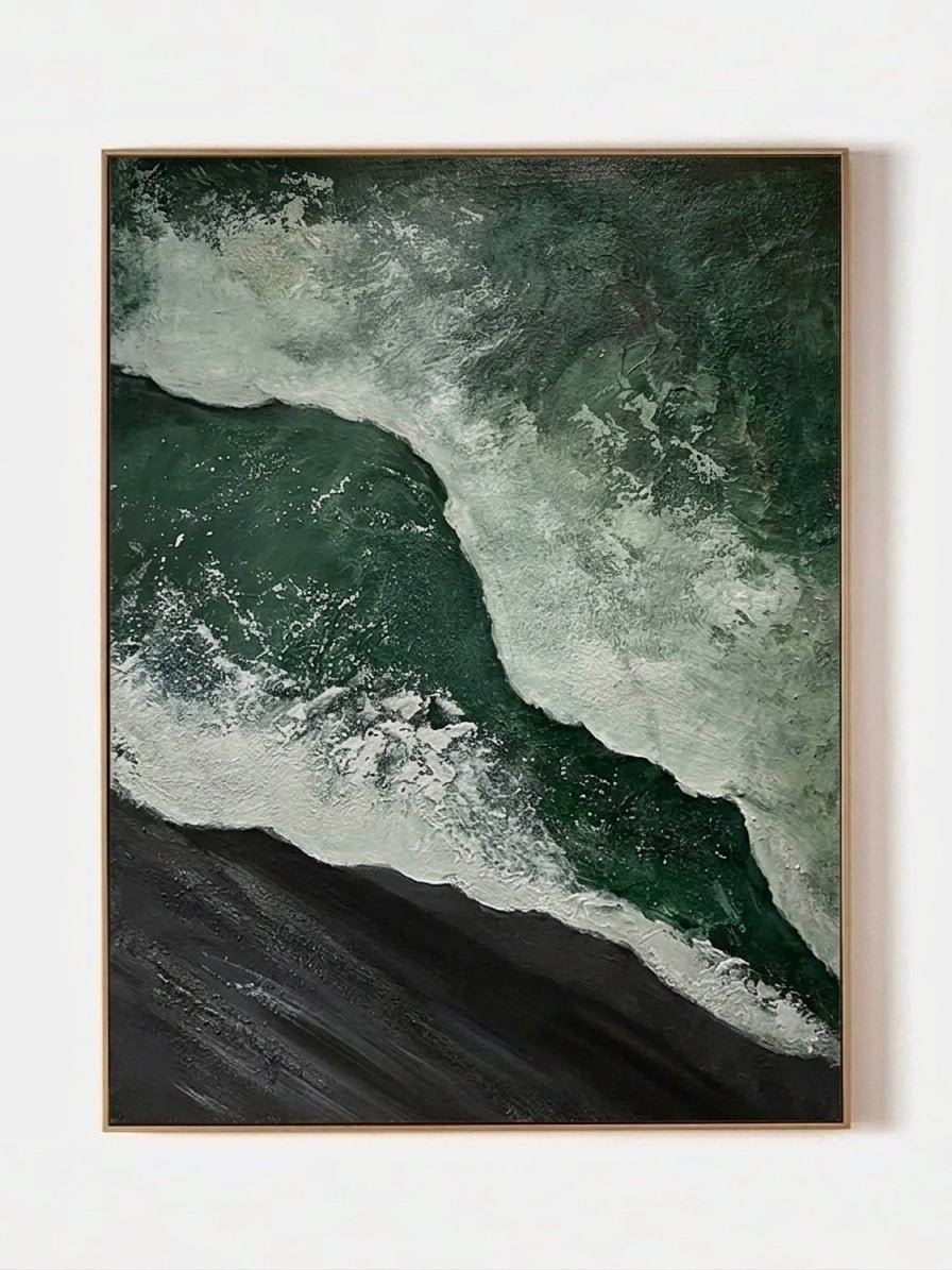 A large vertical 3D textured seascape painting by Leo Liang featuring deep emerald green waves crashing on a black sand shore, displayed in a modern living room.