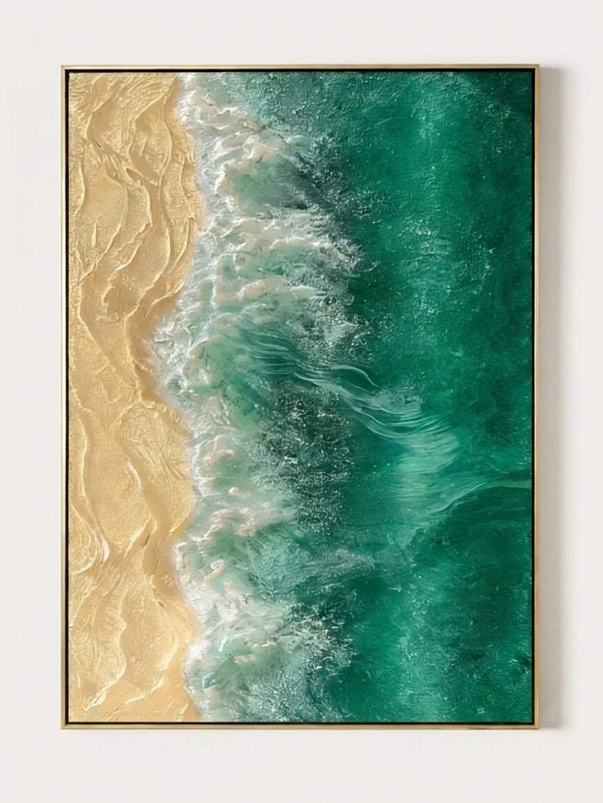 Hand-painted 3D textured aerial ocean waves and gold sand beach oil painting on canvas by Leo Liang, modern coastal wall art.