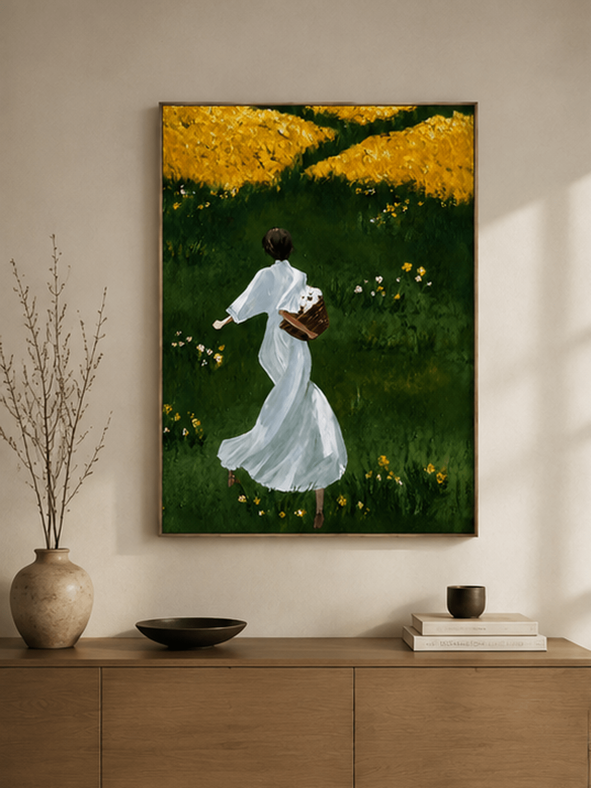 Woman in white dress meadow painting displayed above a wood console in a romantic green entryway