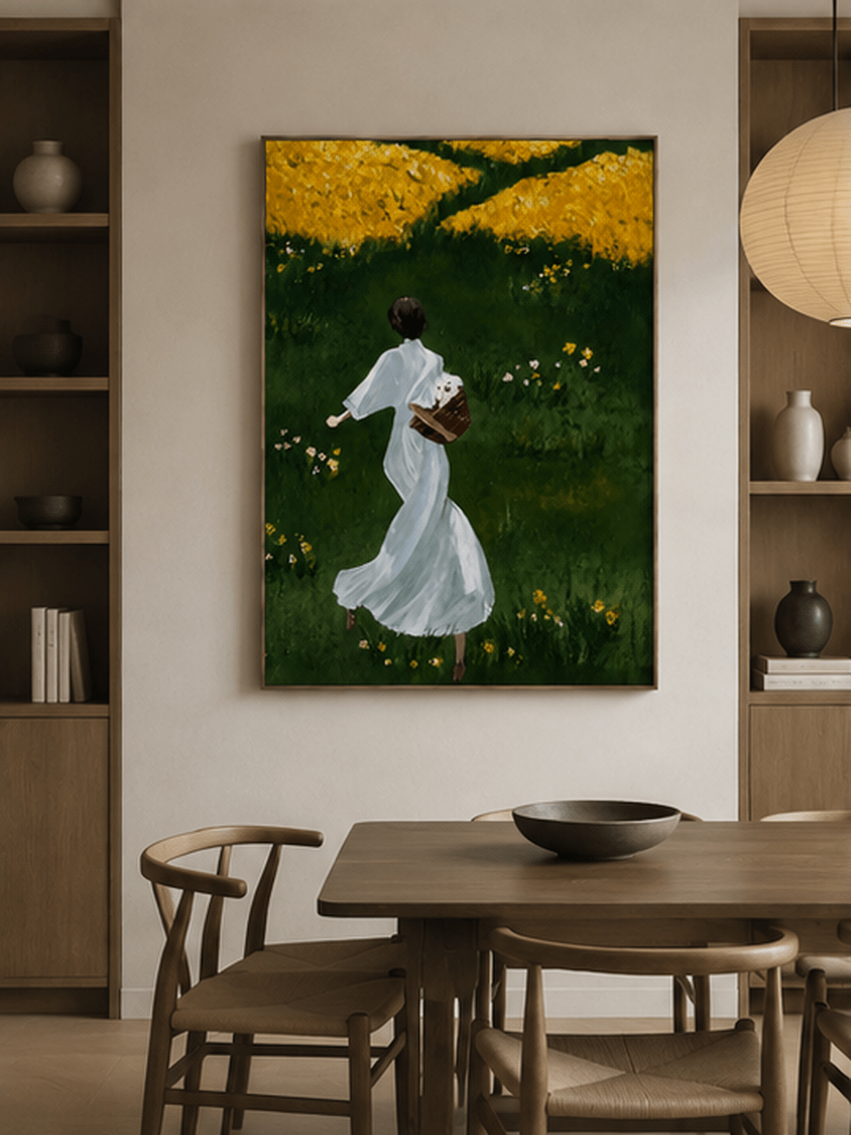 Hand-painted countryside woman wall art displayed in a dining room with natural wood furniture