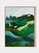Hand-painted Tuscan countryside wall art with rolling green hills, cypress trees and villas by Maya Lin