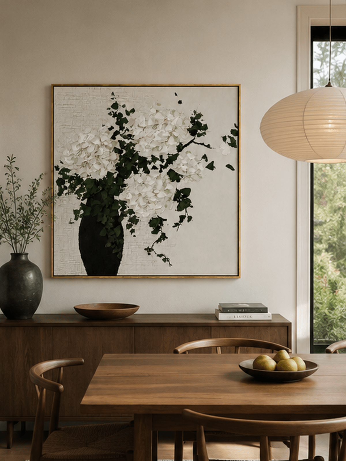 Hand-painted hydrangea wall art displayed in an open-plan dining room with natural wood decor