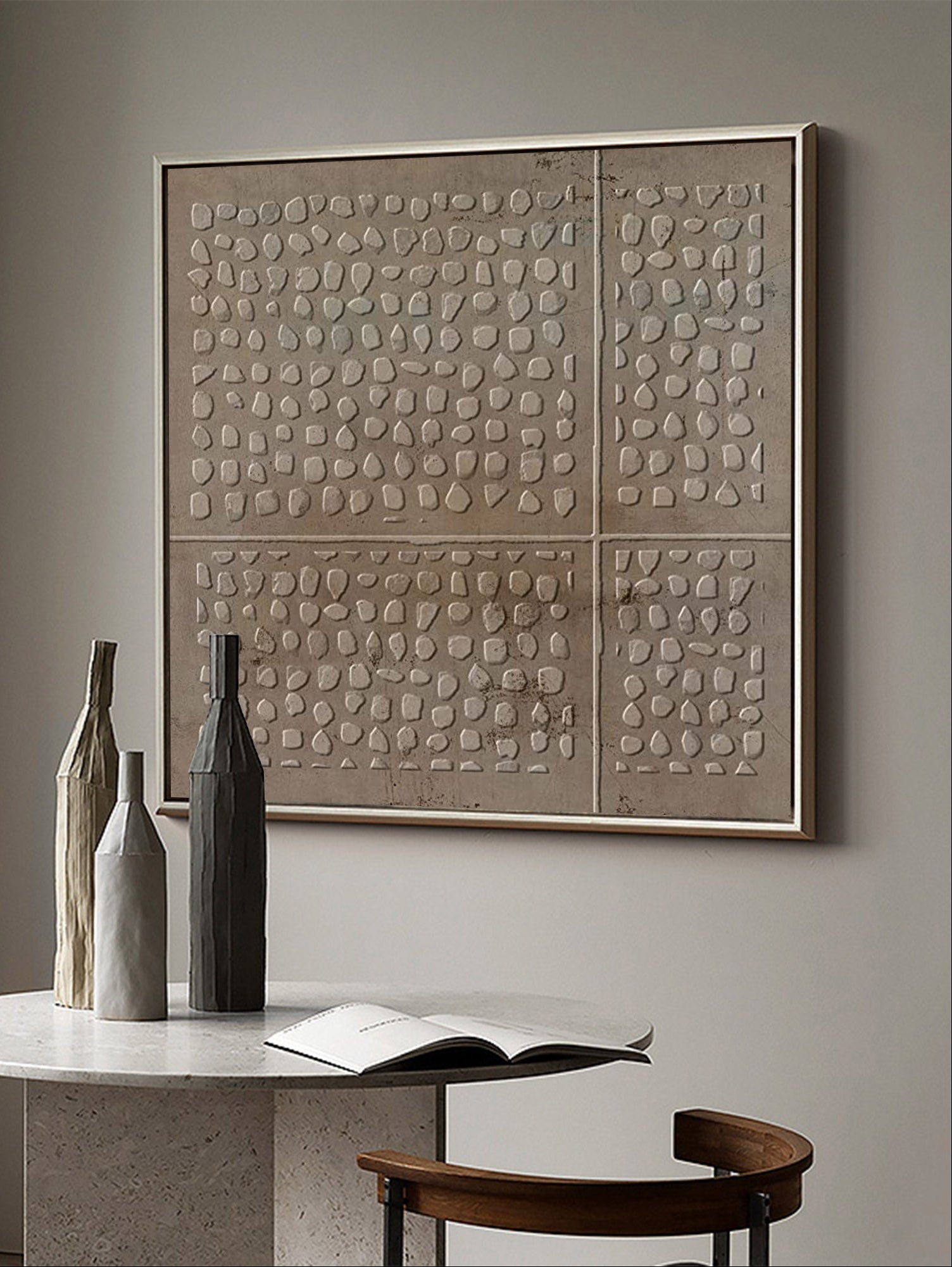 Wabi-Sabi textured circle wall art displayed in a modern living room, showcasing minimalist home decor