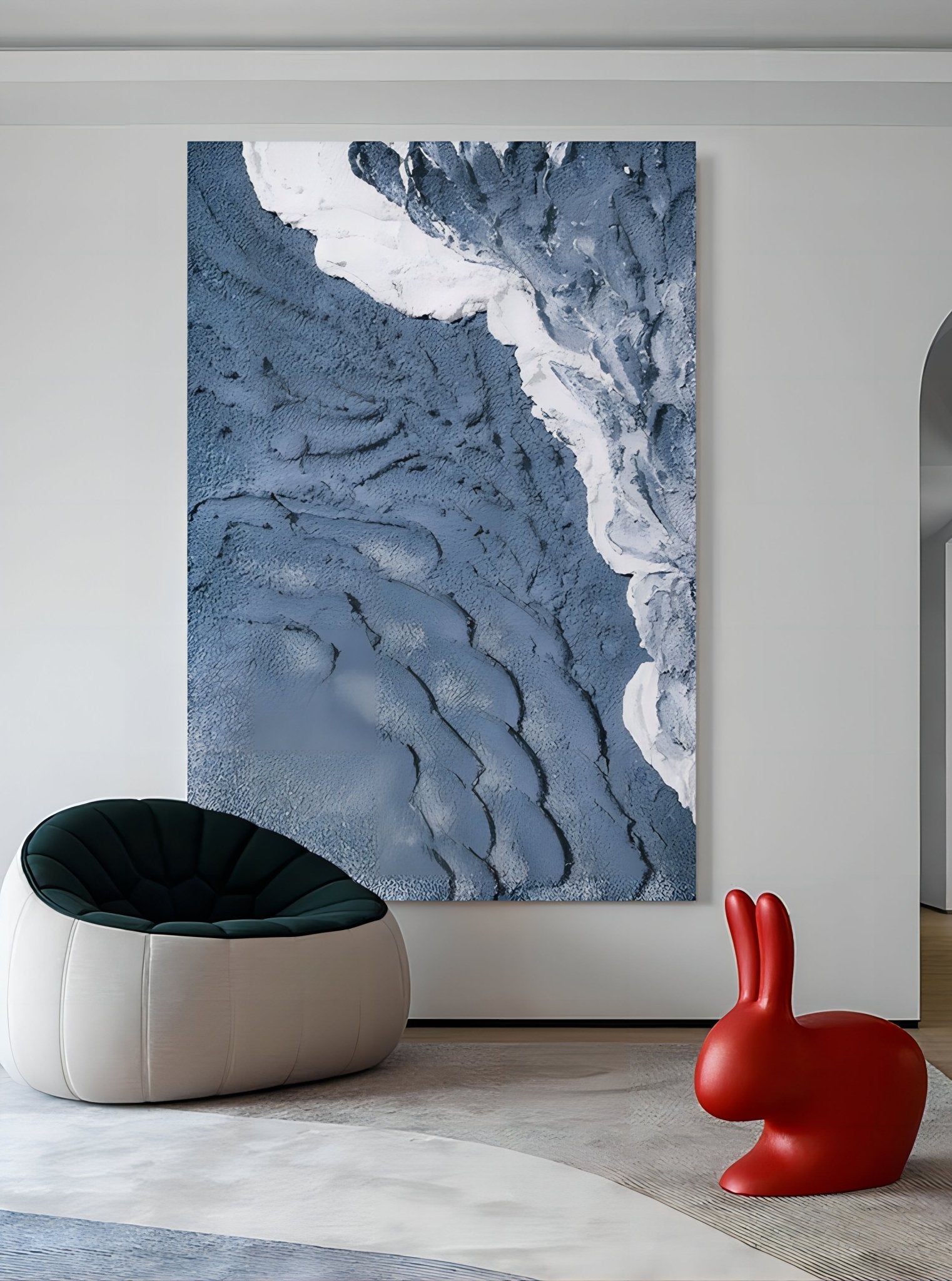 Textured abstract seascape artwork displayed in contemporary living room, showcasing coastal wall decor in modern interior