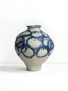 blue and white abstract drip glaze ceramic vase, hand-painted ink-wash style pottery sculpture for modern living room console.