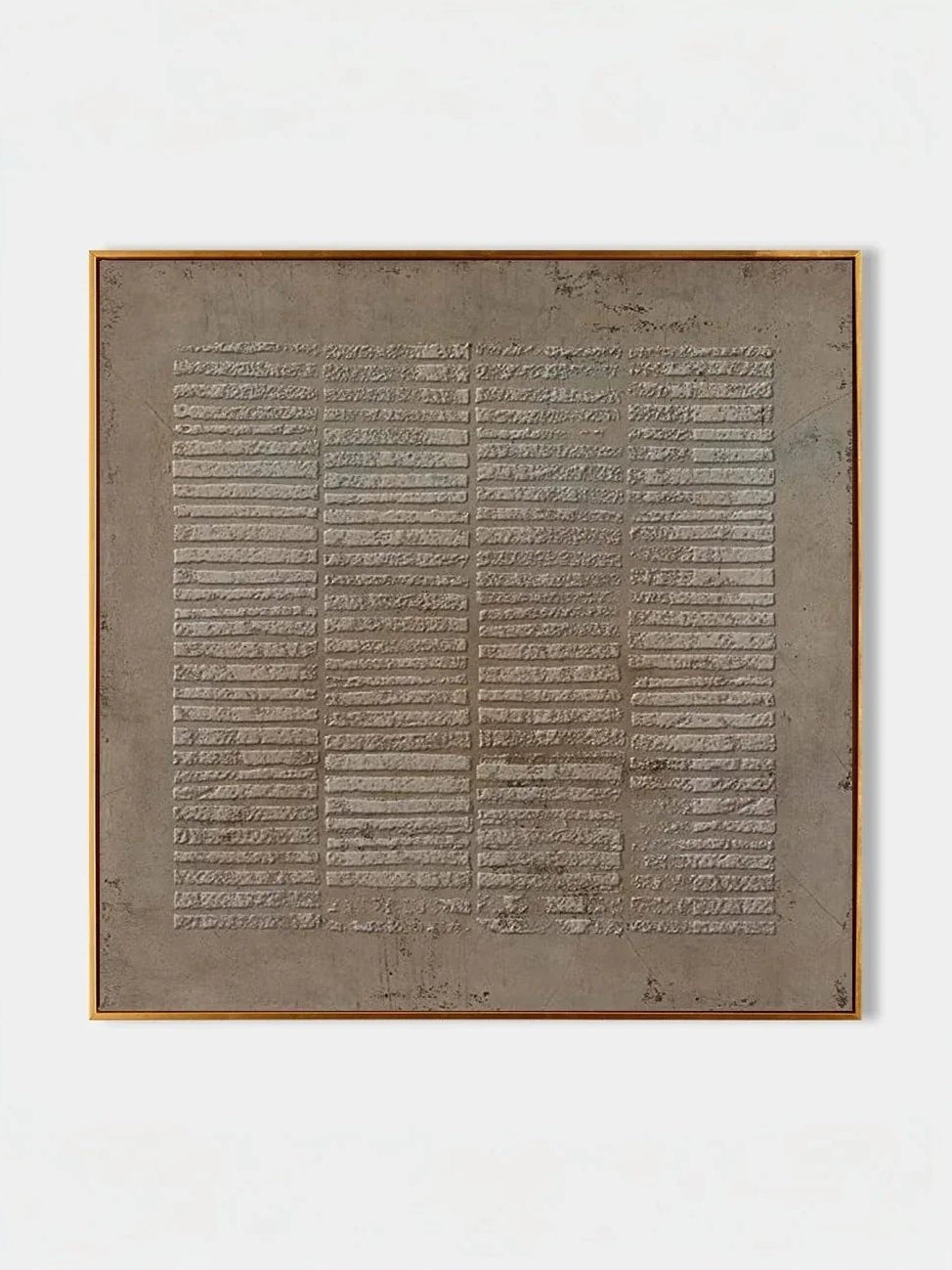 Large square hand-painted minimalist abstract painting with heavy 3D horizontal linear texture in taupe and stone grey by Eliot Vermeer.