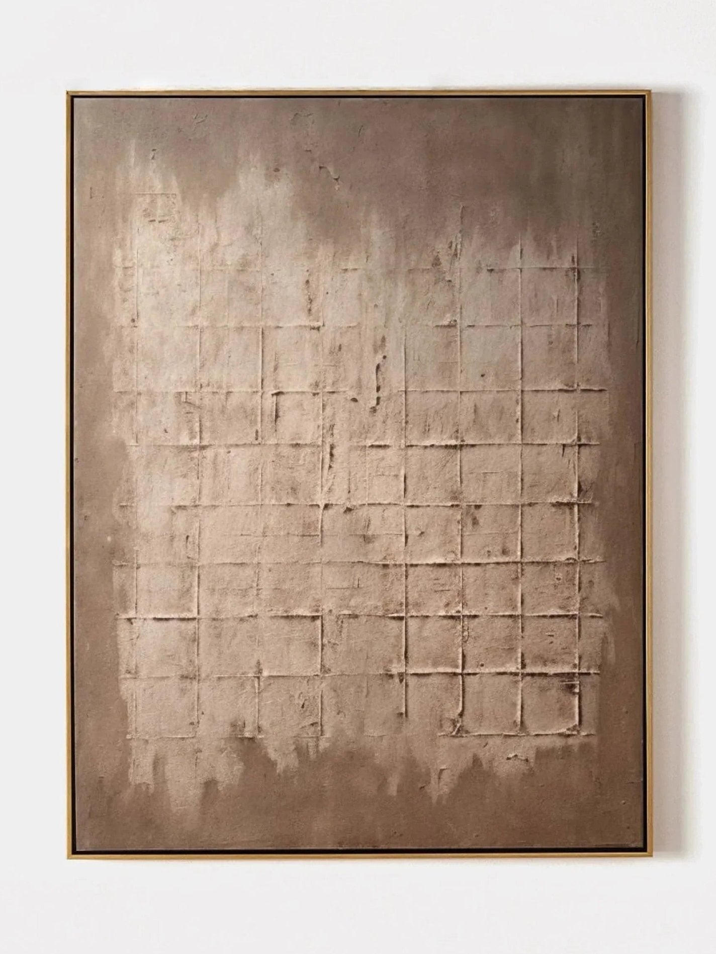 Large vertical hand-painted minimalist abstract painting with heavy 3D grid texture in earthy taupe and mushroom grey by Eliot Vermeer.
