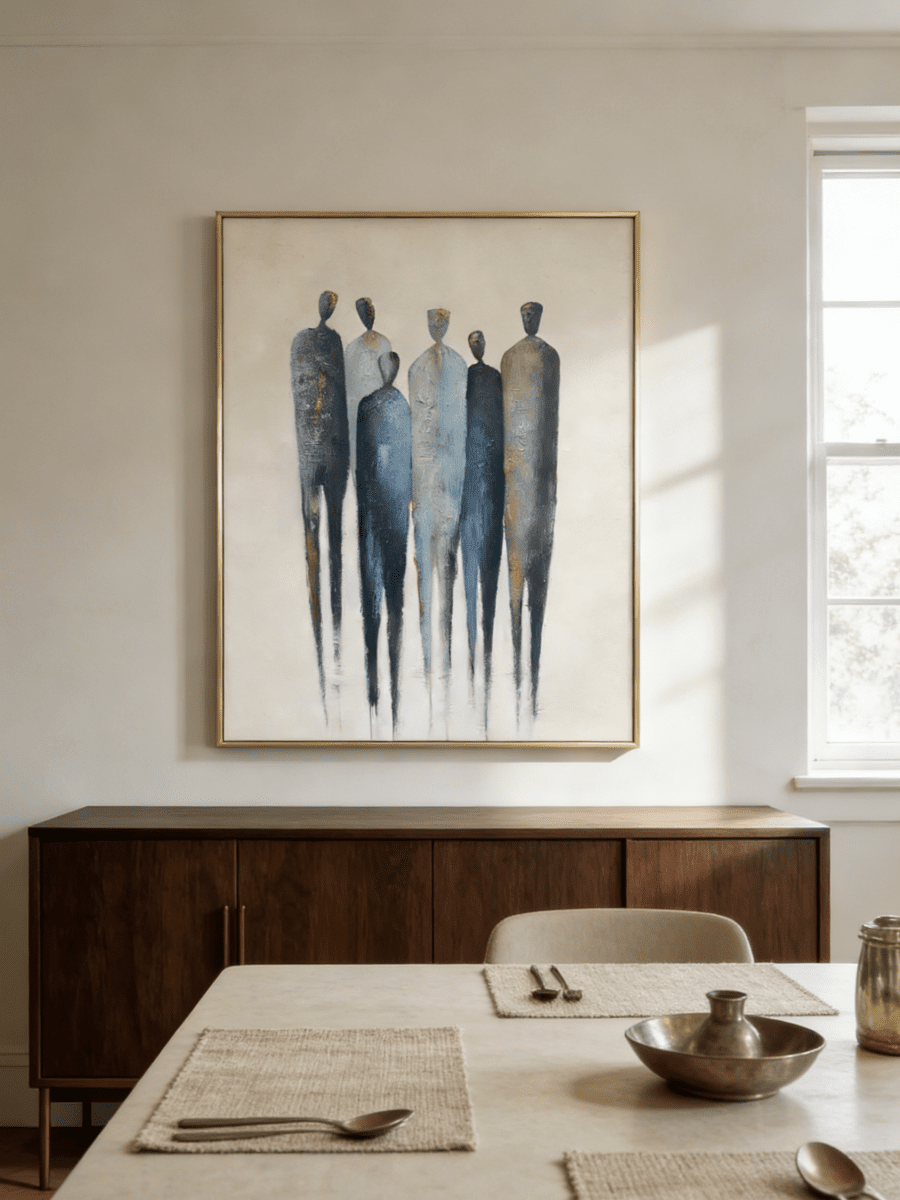 A hand-painted minimalist abstract painting of six tall figures in blue and grey on a white background with gold leaf accents