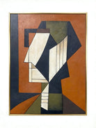A hand-painted mid-century modern geometric portrait on canvas, featuring orange, green, and blue color blocks in a gold frame.