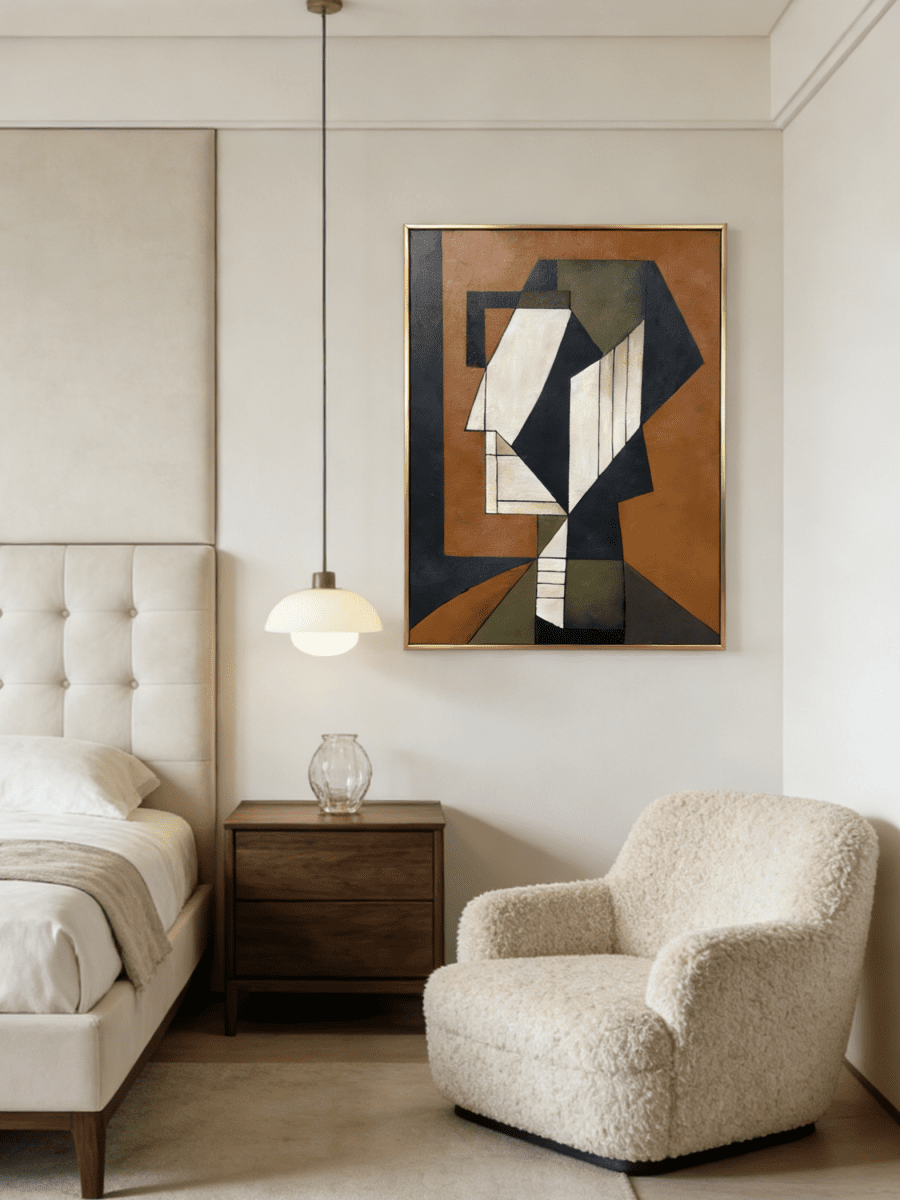 A hand-painted mid-century modern geometric portrait on canvas, featuring orange, green, and blue color blocks in a gold frame.
