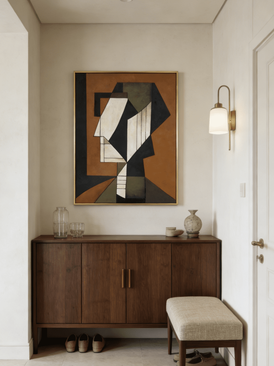 A hand-painted mid-century modern geometric portrait on canvas, featuring orange, green, and blue color blocks in a gold frame.