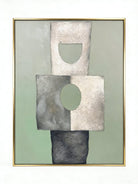 Hand-painted minimalist abstract geometric painting featuring thick stone-like texture in sage green, grey, and white in a gold frame.