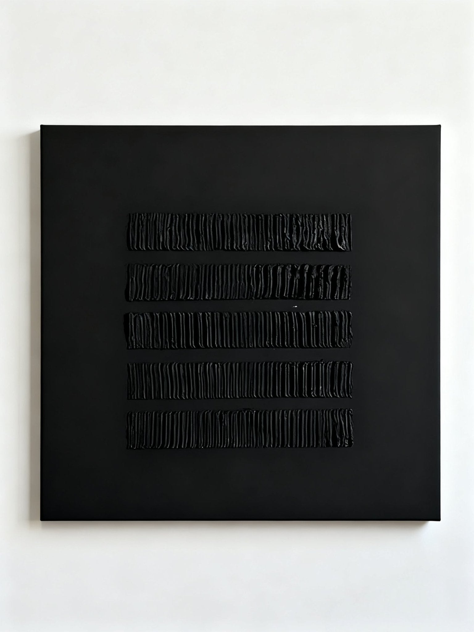 Hand-painted Wabi-Sabi abstract artwork with black textured irregular stripes on pure color background