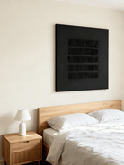 Black textured stripe wall art displayed in modern living room, showcasing Wabi-Sabi aesthetic in home decor