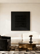 Black textured stripe wall art displayed in modern living room, showcasing Wabi-Sabi aesthetic in home decor