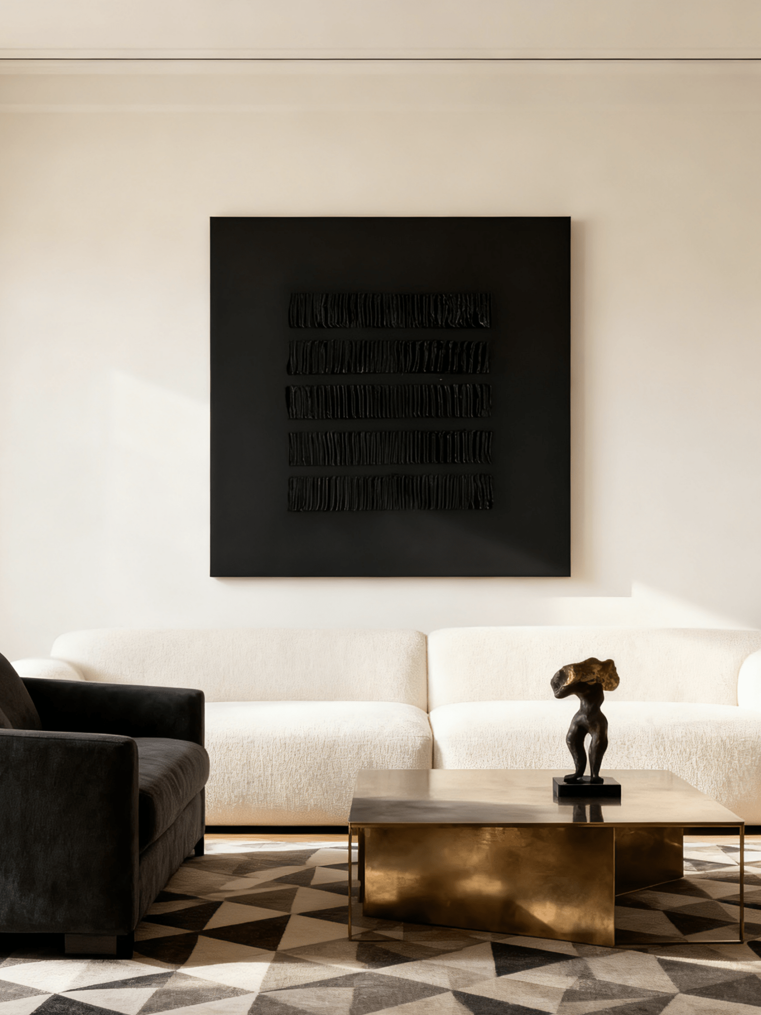 Black textured stripe wall art displayed in modern living room, showcasing Wabi-Sabi aesthetic in home decor