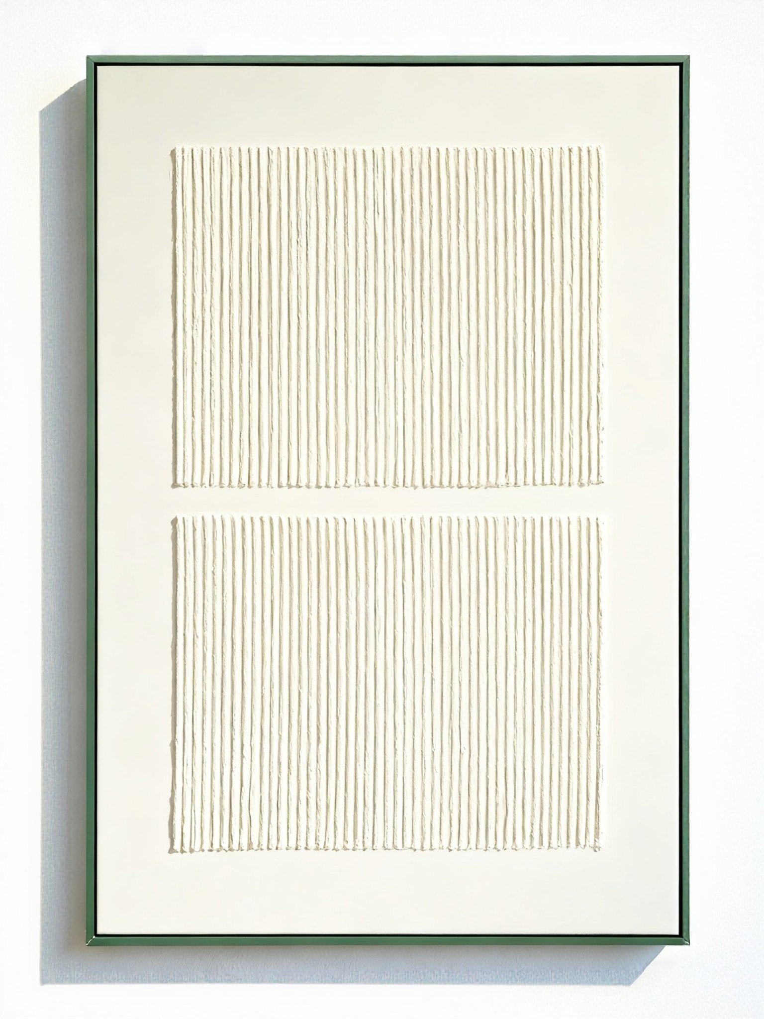 Hand-painted Wabi-Sabi abstract canvas with white vertical textured stripes on a pure color background.