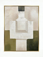 Hand-painted organic modern geometric abstract painting with thick stone-like texture in moss green, sand, and white colors in a gold frame.