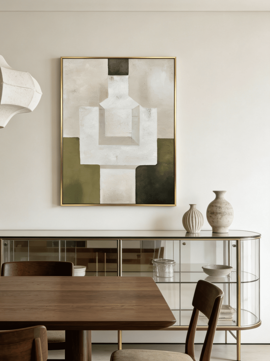 Hand-painted organic modern geometric abstract painting with thick stone-like texture in moss green, sand, and white colors in a gold frame.