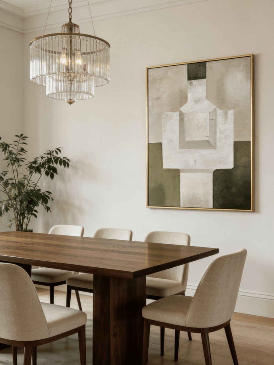 Hand-painted organic modern geometric abstract painting with thick stone-like texture in moss green, sand, and white colors in a gold frame.