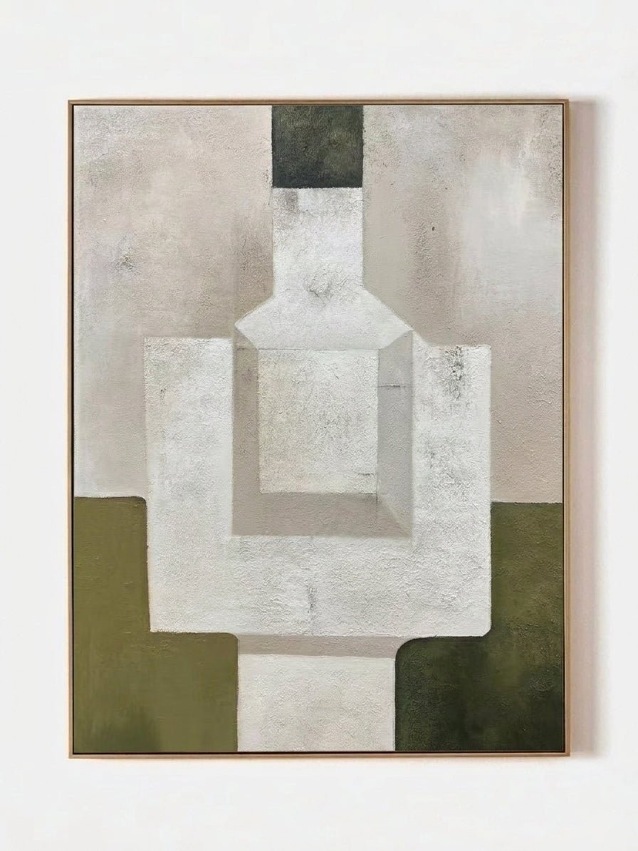 Hand-painted organic modern geometric abstract painting with thick stone-like texture in moss green, sand, and white colors in a gold frame.
