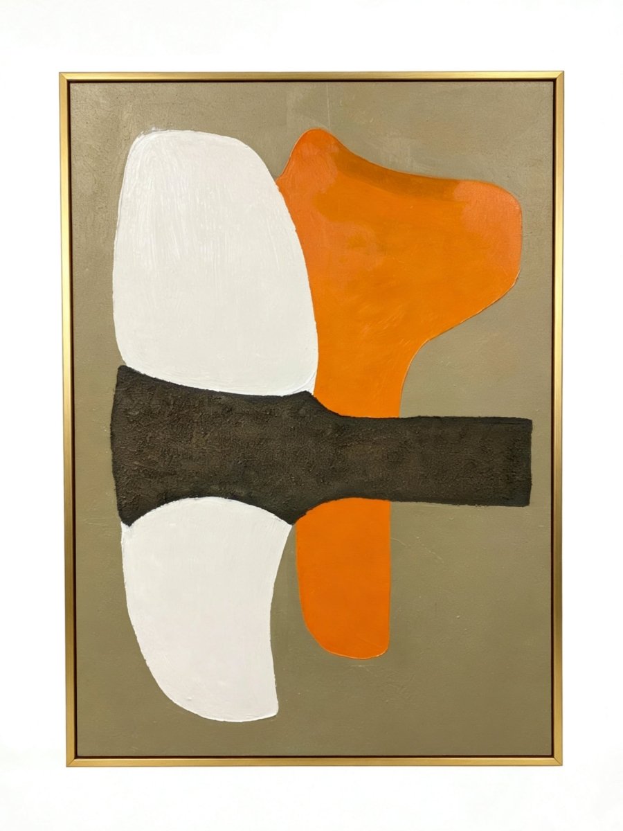 Hand-painted modern organic abstract painting featuring a vibrant orange shape and thick charcoal brushstroke on a sand background in a gold frame.