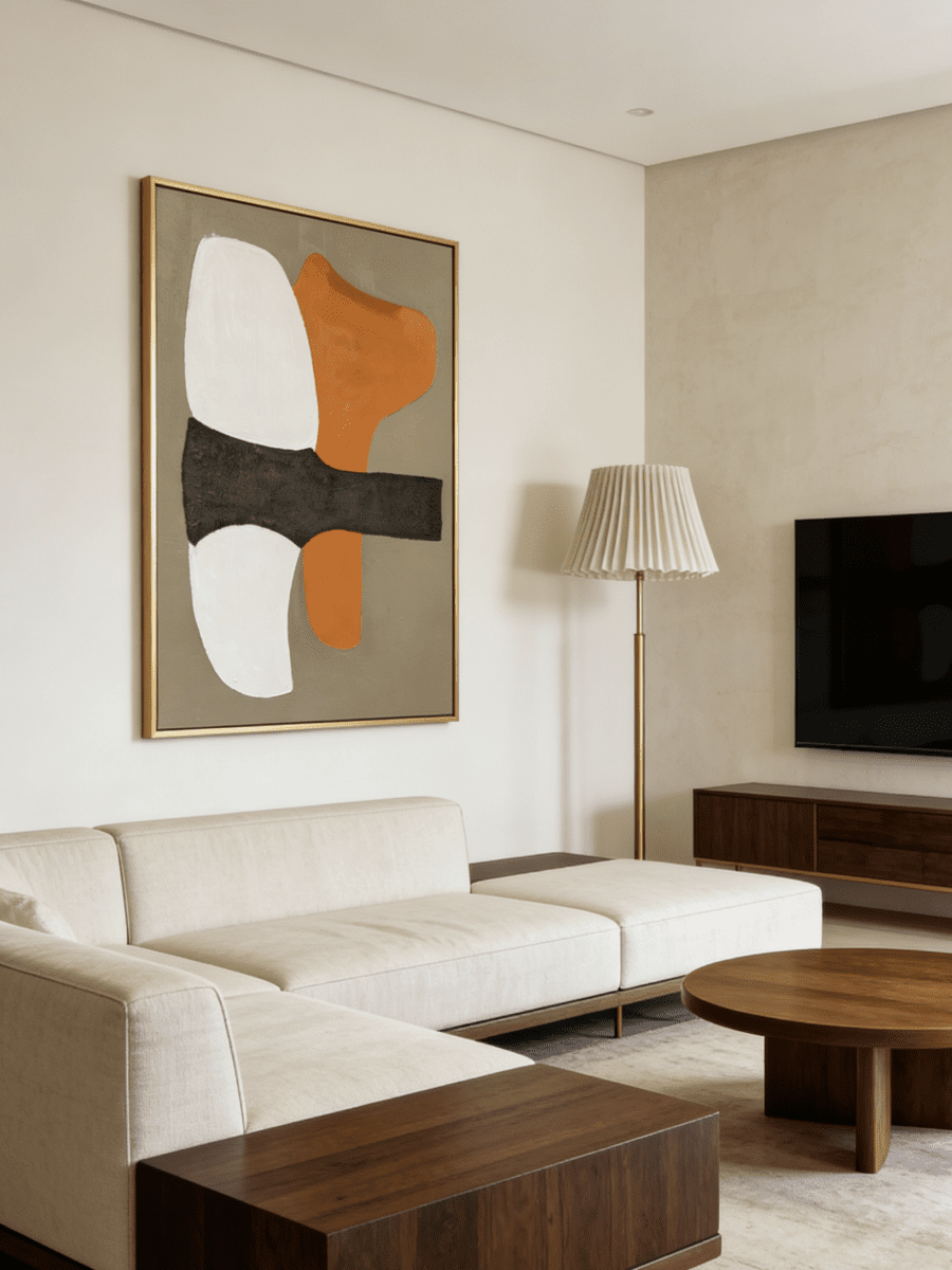 Hand-painted modern organic abstract painting featuring a vibrant orange shape and thick charcoal brushstroke on a sand background in a gold frame.