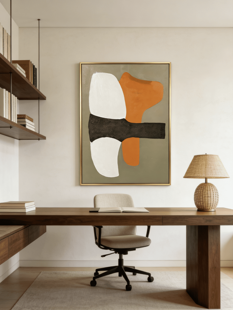 Hand-painted modern organic abstract painting featuring a vibrant orange shape and thick charcoal brushstroke on a sand background in a gold frame.