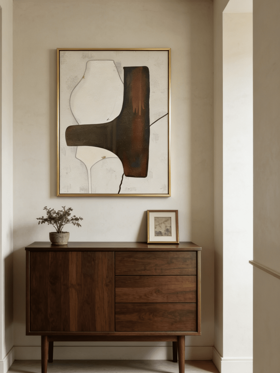 Hand-painted organic modern abstract painting featuring stone-textured background, brown and black shapes in a gold floater frame.