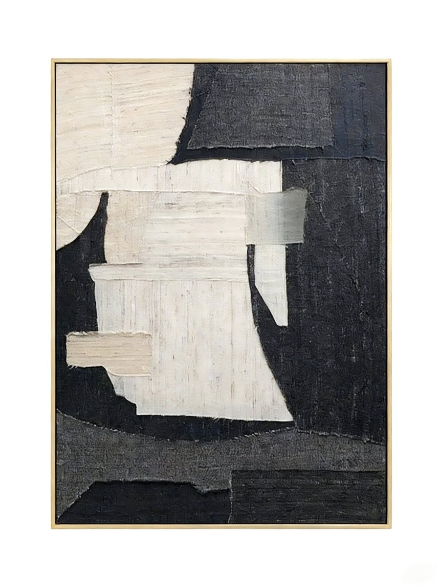 Large vertical hand-painted abstract painting with black and white textured blocks and fabric-like impasto by Seraphina Rose in a modern luxury living room.