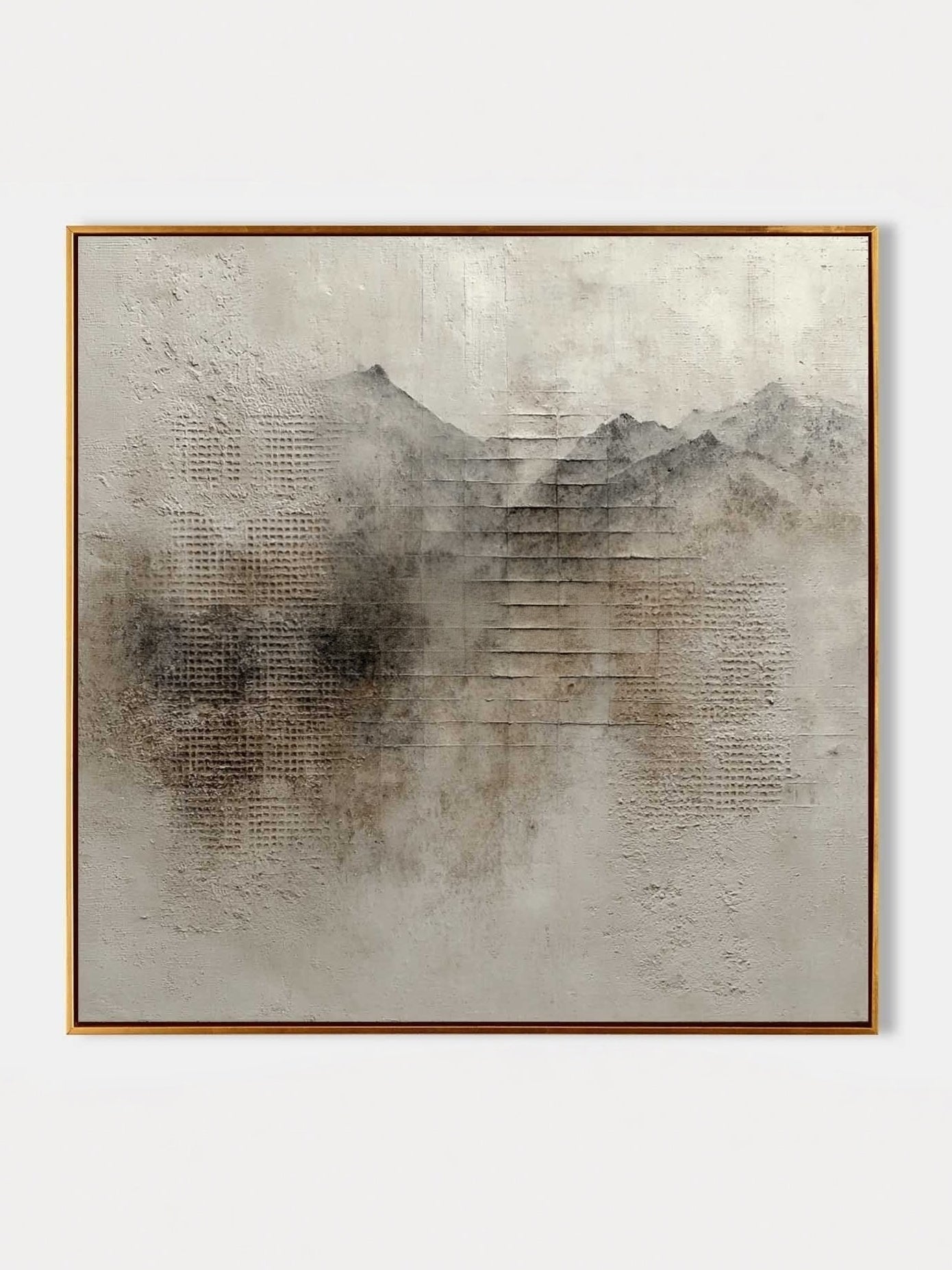 Heavy textured 3D abstract painting of misty mountains with grid patterns in neutral earthy tones by Eliot Vermeer.